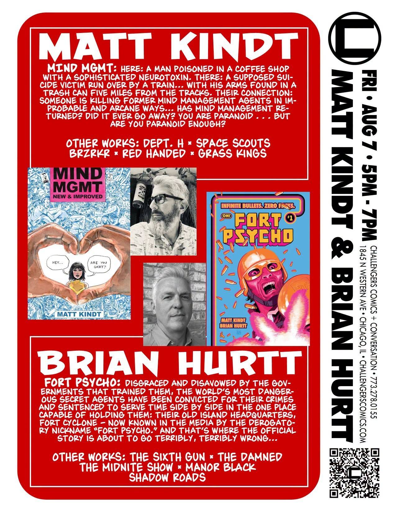 Event poster for Matt Kindt and Brian Hurtt signing at Challengers Comics, featuring book covers, event details, author bios, and a QR code.
