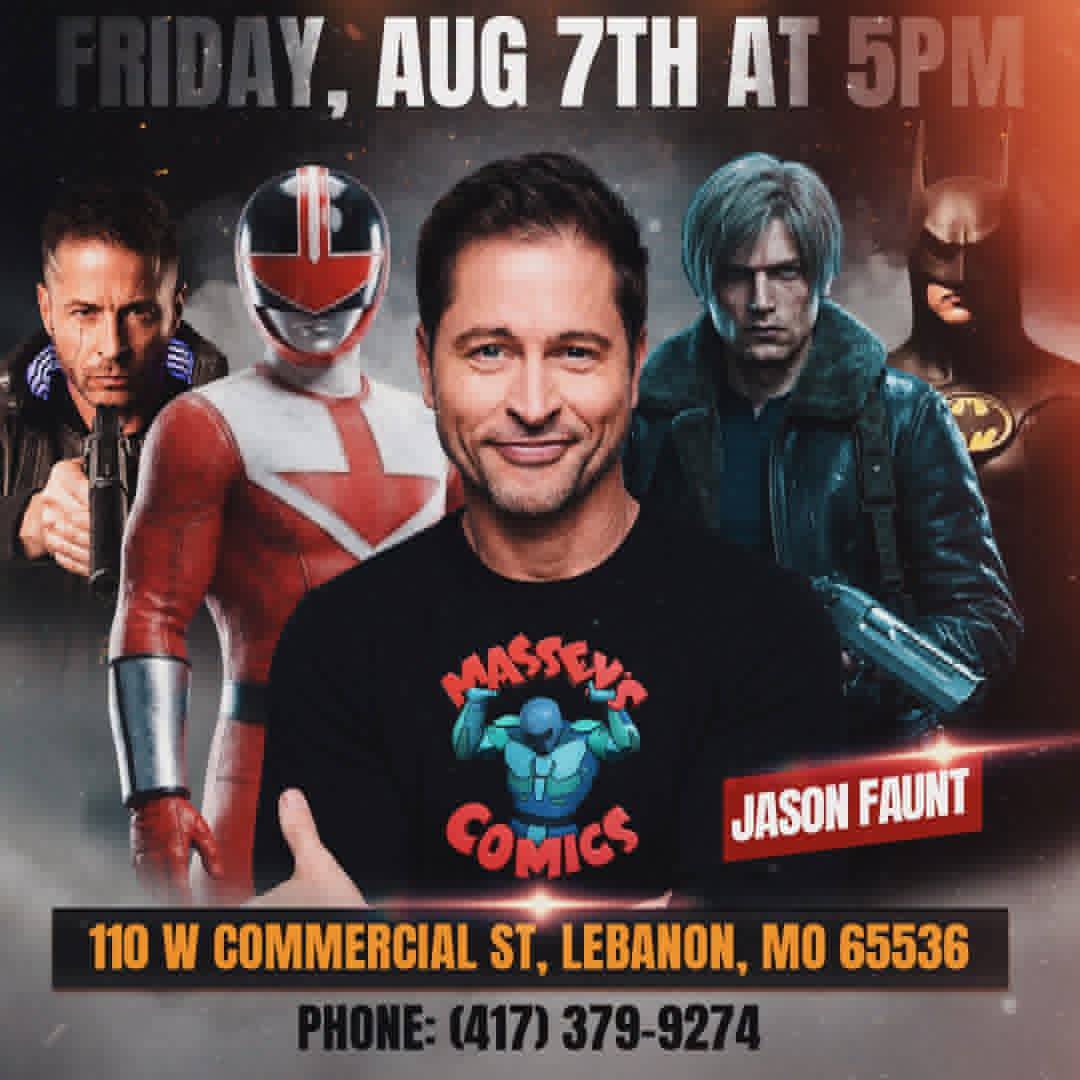 A man stands in front of superhero characters, with event details for Massey's Comics in Lebanon, MO on Friday, August 7th at 5 PM. Phone number and address are displayed.