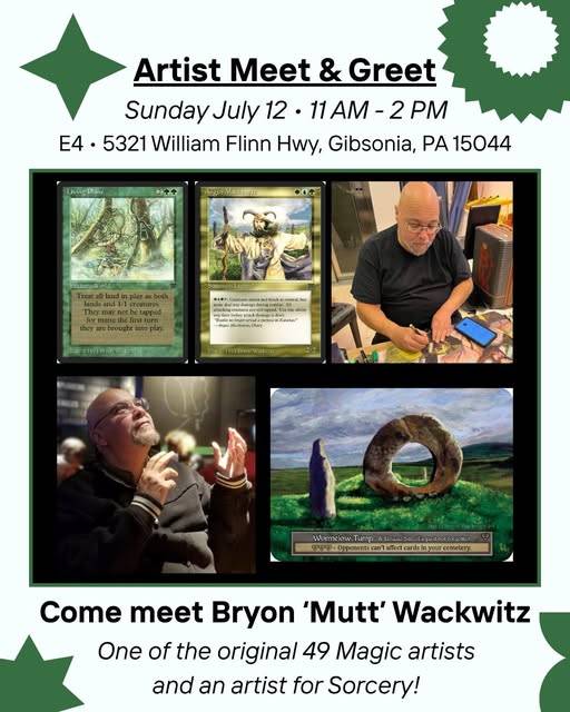Promotional flyer for an artist meet and greet with Bryon ‘Mutt’ Wackwitz, featuring images of him and his artwork, event details, and location in Gibsonia, PA.
