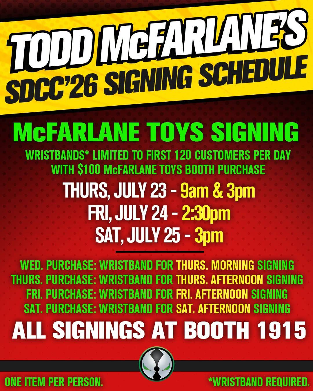 Todd McFarlane’s SDCC 2026 signing schedule details, including dates, times, wristband requirement, booth number 1915, and rules for McFarlane Toys signings.