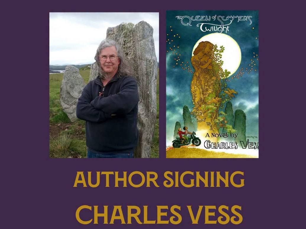 Author Charles Vess stands before a large stone; next to him is the cover of his novel "Queen of Summer's Twilight." Text below announces an author signing event.