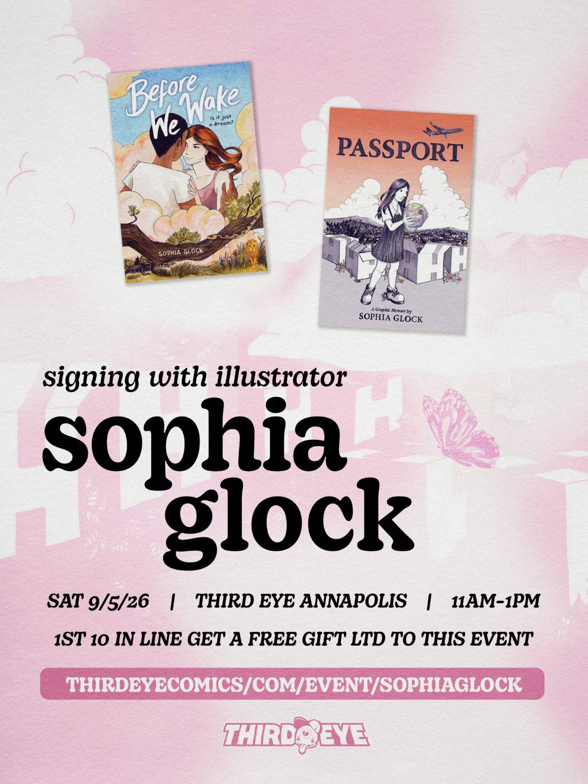 Promotional poster for a Sophia Glock signing event featuring her books, event details, and incentive for first 10 in line at Third Eye Annapolis on September 5, 2026.