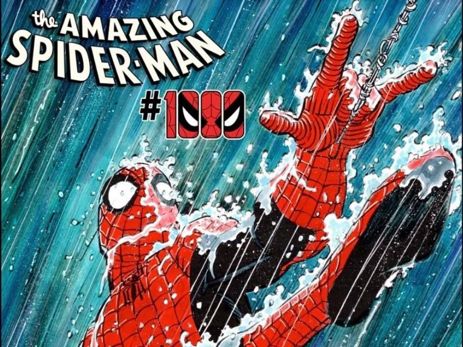 Comic book cover of The Amazing Spider-Man #100 shows Spider-Man swinging through pouring rain, with water splashing off his suit and a stylized mask design in the number 100.