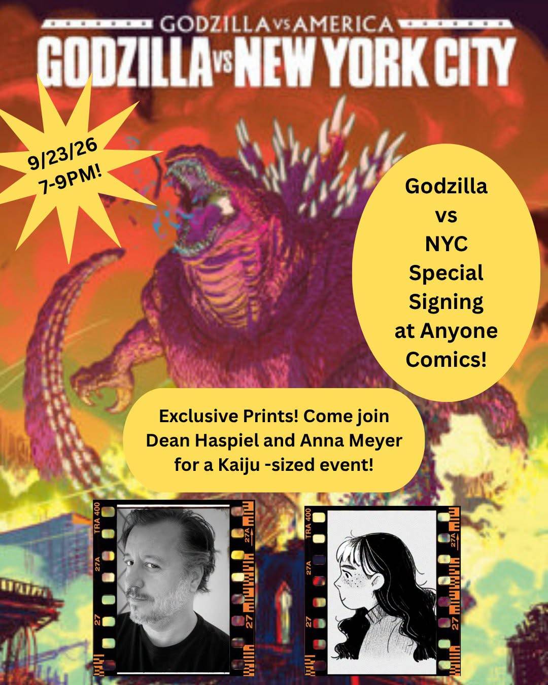 Promotional poster for a Godzilla vs NYC comic signing event at Anyone Comics, featuring guest artists Dean Haspiel and Anna Meyer, with exclusive prints, happening 9/23 from 7–9 PM.