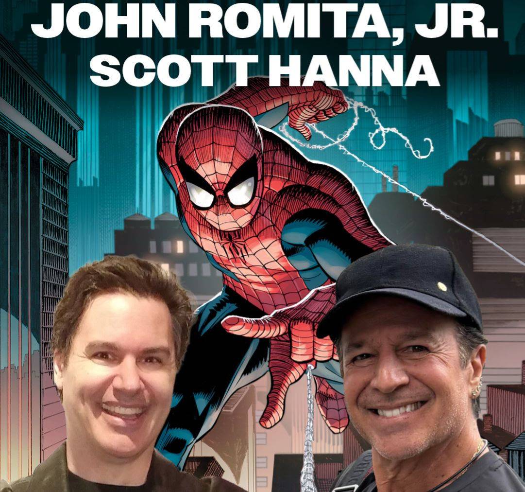 Two men are smiling in front of a Spider-Man comic illustration, with the names “John Romita, Jr.” and “Scott Hanna” displayed at the top.