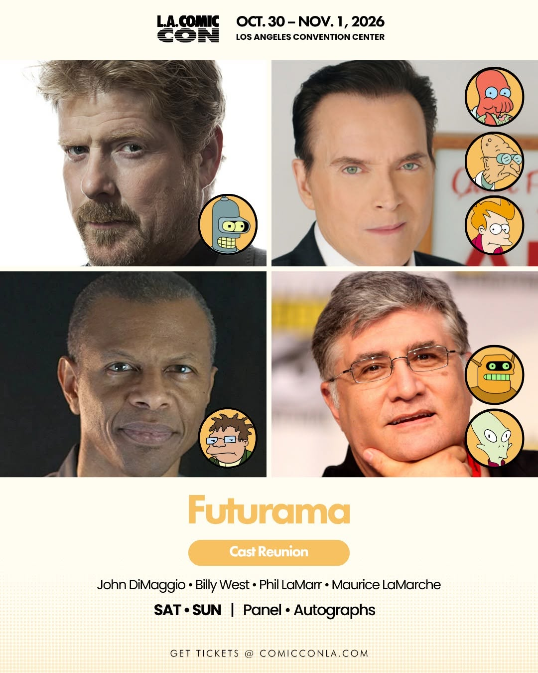 Four headshots of actors John DiMaggio, Billy West, Phil LaMarr, and Maurice LaMarche with cartoon Futurama characters, promoting a cast reunion at LA Comic Con 2026.