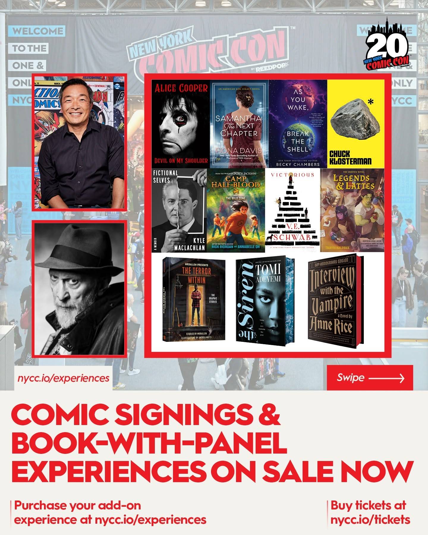 Comic book and novel signings promotion with author photos, book covers, and New York Comic Con event details.