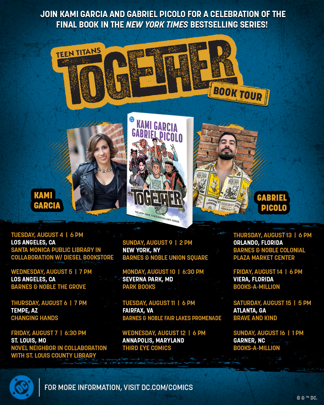 Teen Titans: Together book tour poster with event details, featuring images of Kami Garcia and Gabriel Picolo, and the book cover in the center. Tour dates and locations are listed around the images.