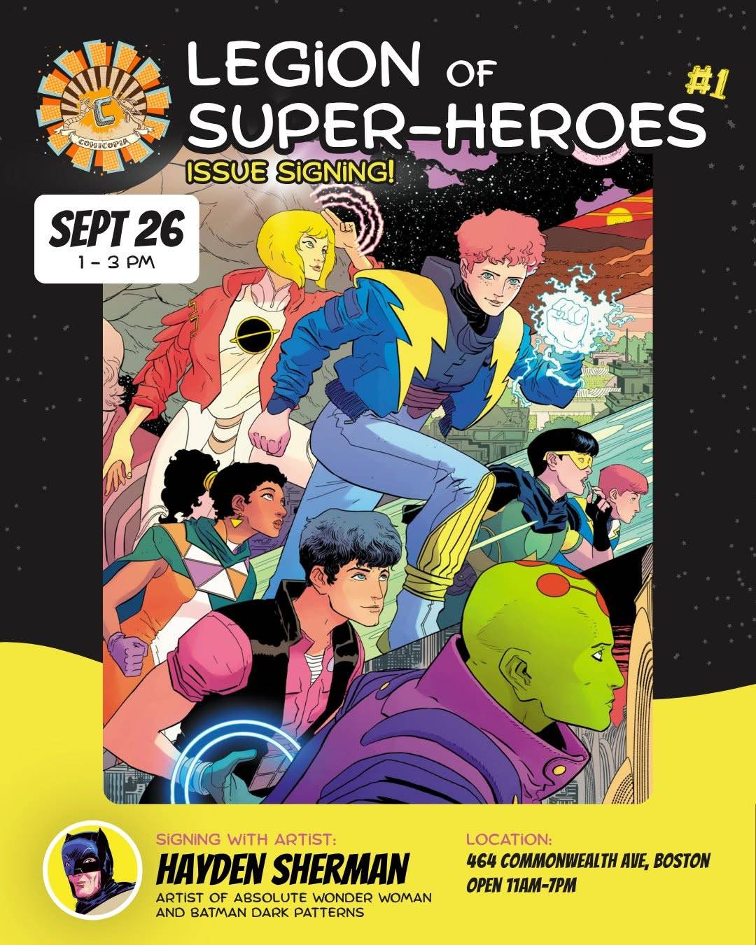 Comic book poster for “Legion of Super-Heroes” issue signing on September 26, featuring illustrated superheroes and event details, including time, location, and guest artist Hayden Sherman.