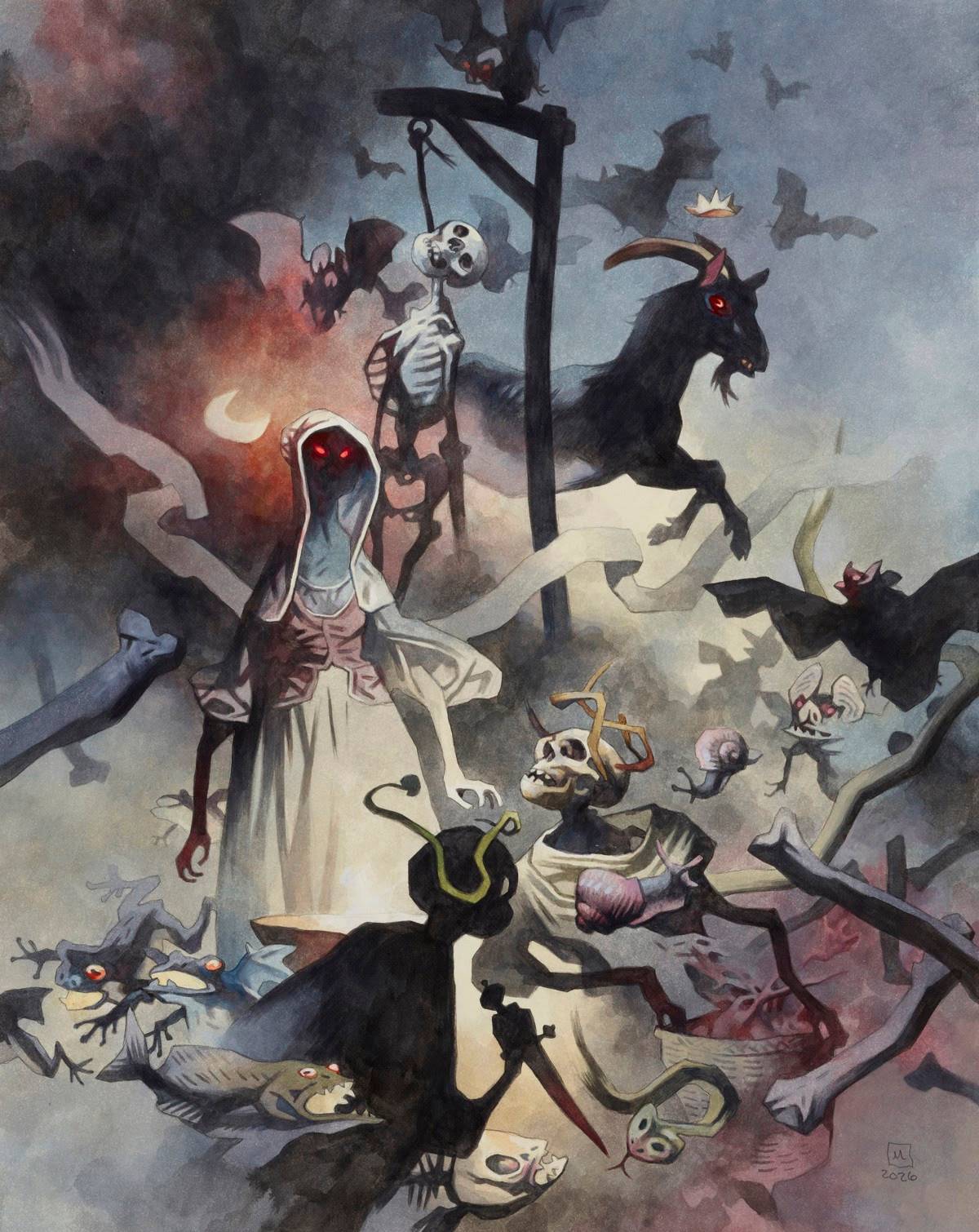 A hooded figure with glowing red eyes stands among skeletons, bats, and bizarre creatures in a dark, eerie landscape with a gallows and a crowned goat.