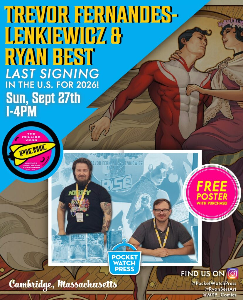 Two men at a comic book signing table with posters, event details, and superhero artwork in the background. Text highlights a last signing event on September 27 in Cambridge, Massachusetts.