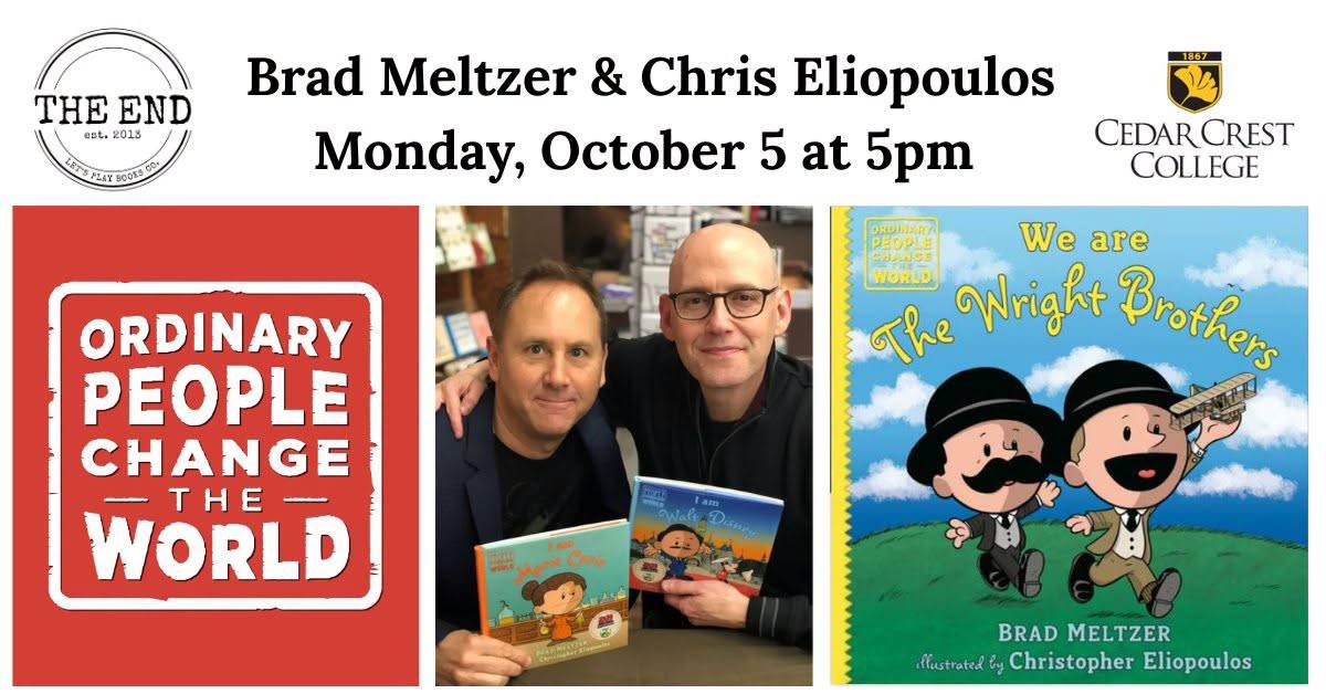 Event promo for authors Brad Meltzer and Chris Eliopoulos at Cedar Crest College, featuring book covers and a photo of the authors holding their works.