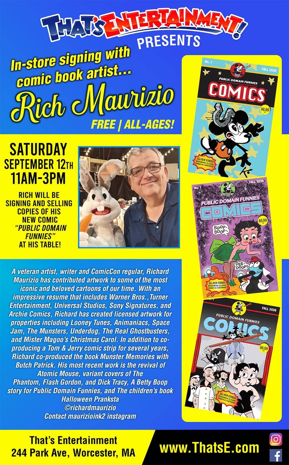 Comic book artist Rich Maurizio at a signing event holding his comic, with event details, comic covers, and a bio about his career displayed on a colorful promotional flyer.