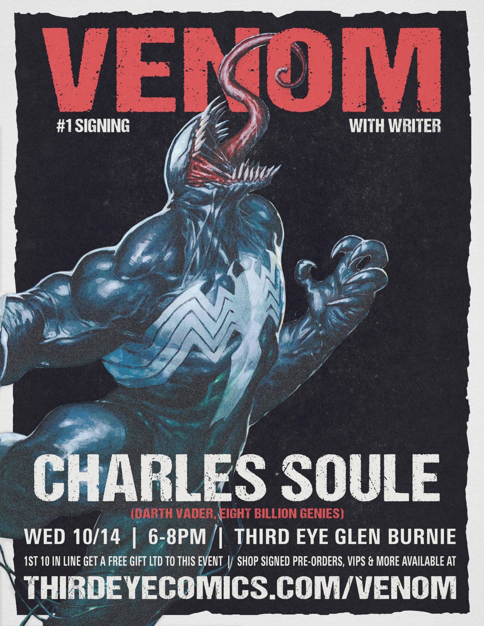 Poster featuring Venom for a signing event with writer Charles Soule at Third Eye Glen Burnie on Wed 10/14, 6-8PM. Event details and website link included.