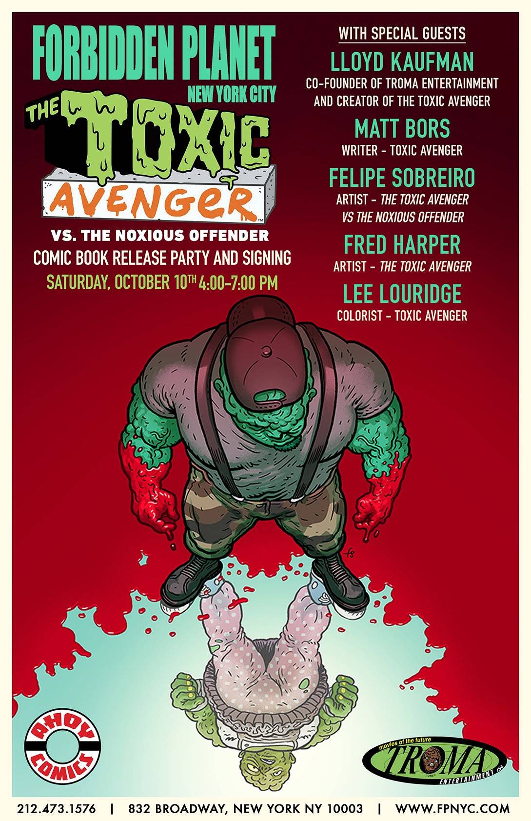 Comic book poster for “The Toxic Avenger” release party, showing the green superhero standing over a defeated enemy, with event details and guest list on a red and green background.