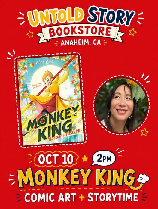 Event poster for Untold Story Bookstore in Anaheim featuring author Alina Chau and her book “Monkey King: Uproar in Heaven” on October 10 at 2 PM.