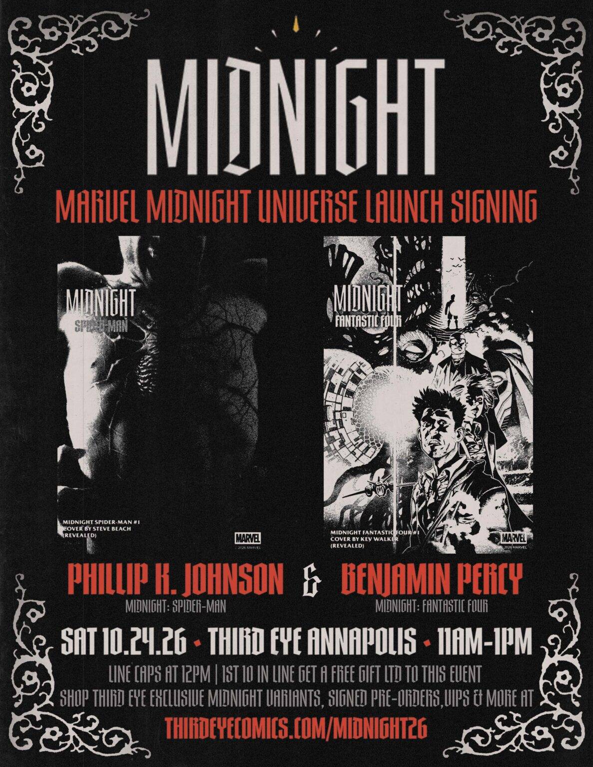 Event poster for the Marvel Midnight Universe launch signing on October 24, 2026, at Third Eye Annapolis, featuring authors Phillip K. Johnson and Benjamin Percy.