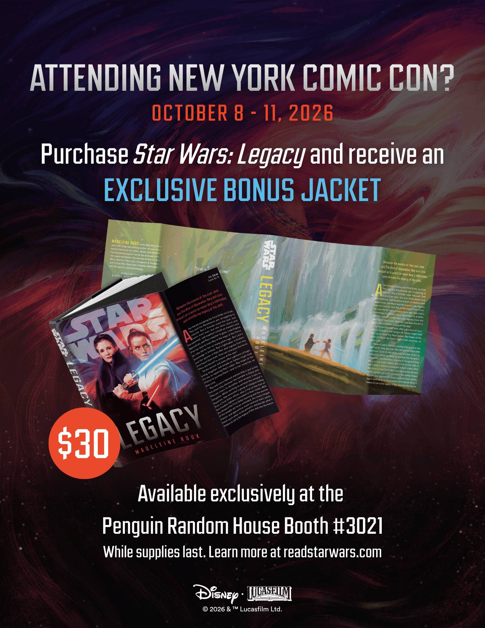 Promotional poster for Star Wars: Legacy at New York Comic Con, October 8-11, 2026. Purchase the book for $30 at Penguin Random House booth #3021 to receive an exclusive bonus jacket.
