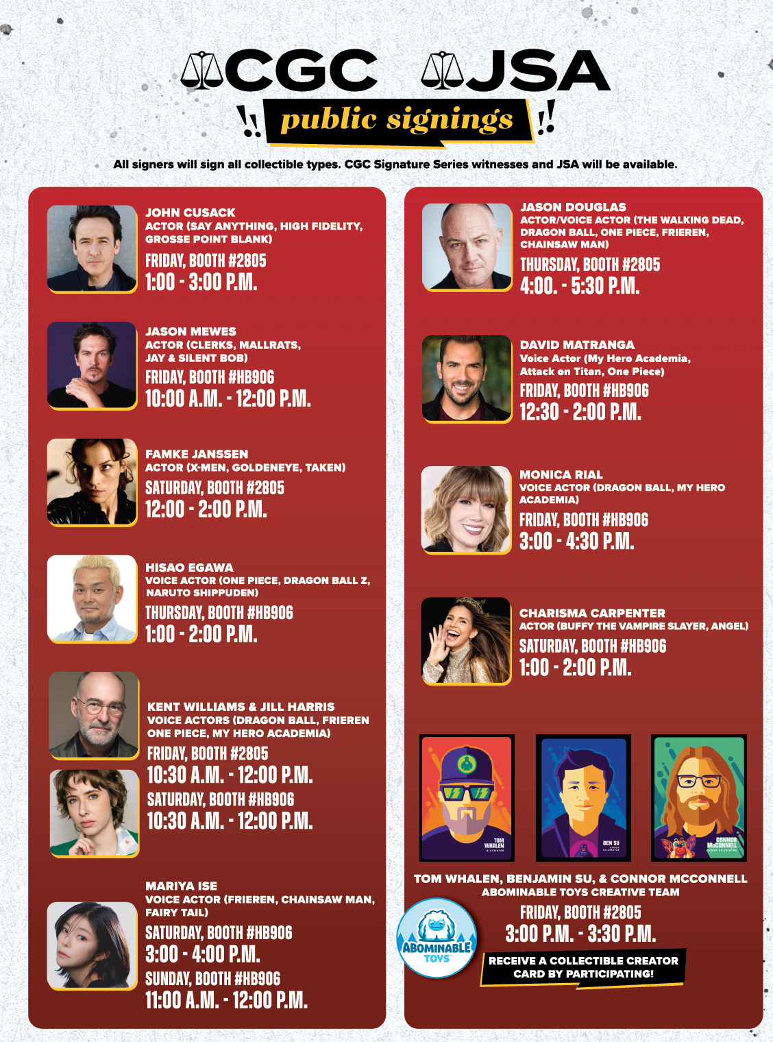 CGC and JSA public signings schedule listing actors, voice actors, and the Abominable Toys creative team with booth numbers and time slots.