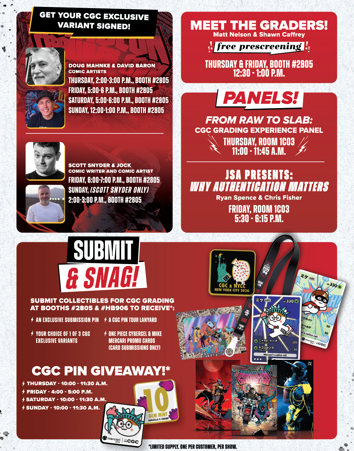 Event flyer for CGC at New York Comic Con, listing creator signing times, panel schedules, submission rewards, and pin giveaway hours.