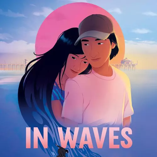 Illustration of a young couple embracing in front of a sunset and pier, with the text “IN WAVES” at the bottom.