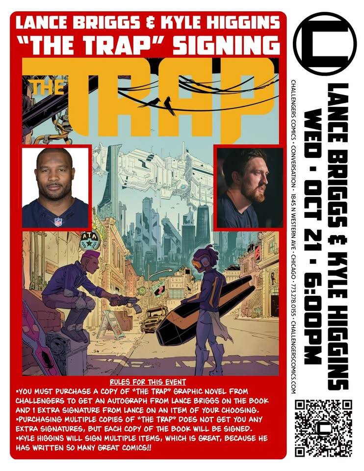 Event flyer for “The Trap” signing with Lance Briggs and Kyle Higgins on October 21 at 6:00 PM at Challengers Comics, featuring character art from the graphic novel and event rules.